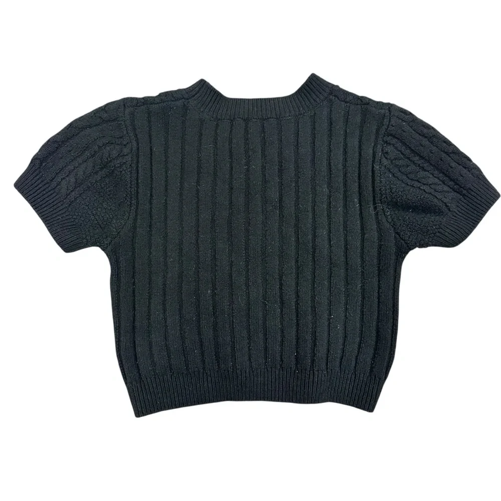 Free People‎ Cable-Knit Short-Sleeve Sweater Black Cropped Size Medium